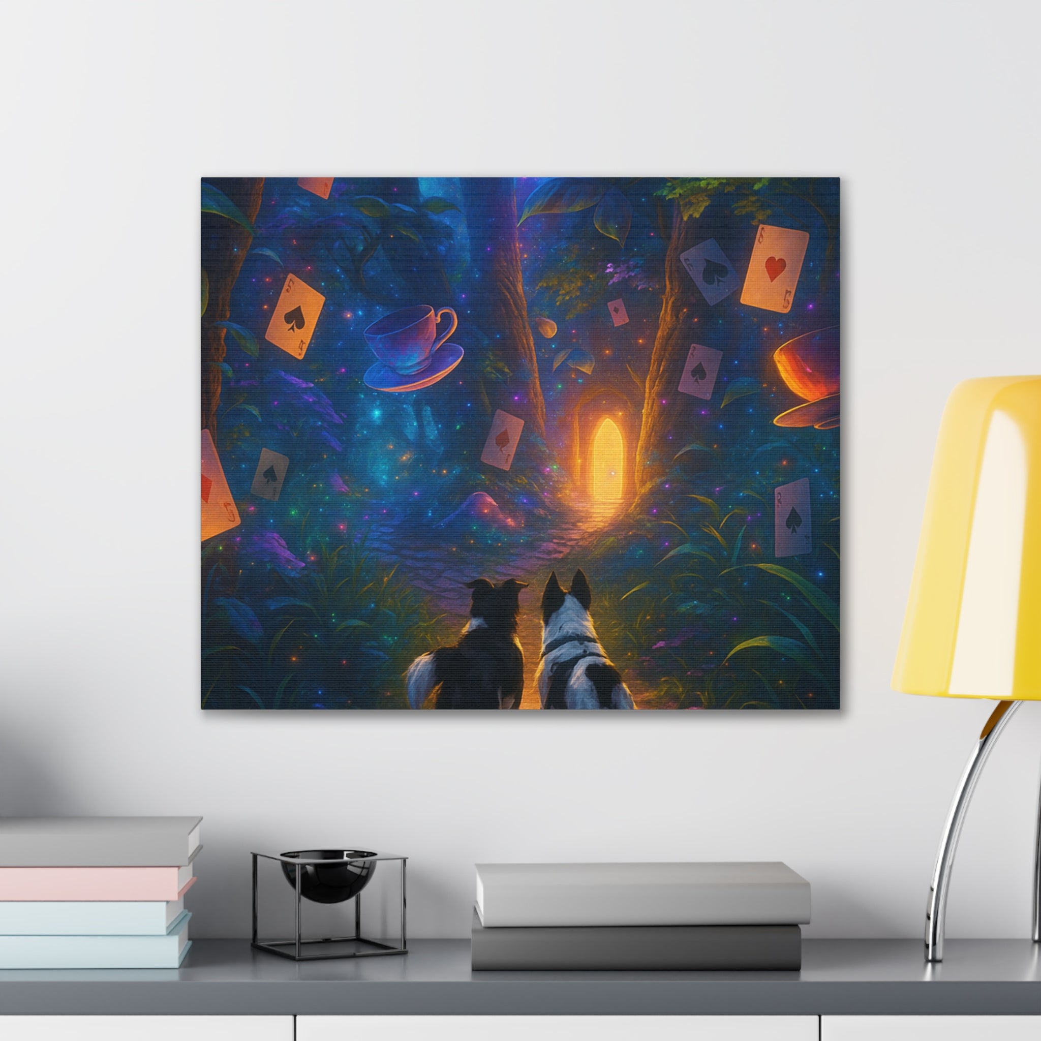 Magic Forest Canvas Wall Art — Dogs Exploring Wonderland with Glowing Door & Floating Playing Cards