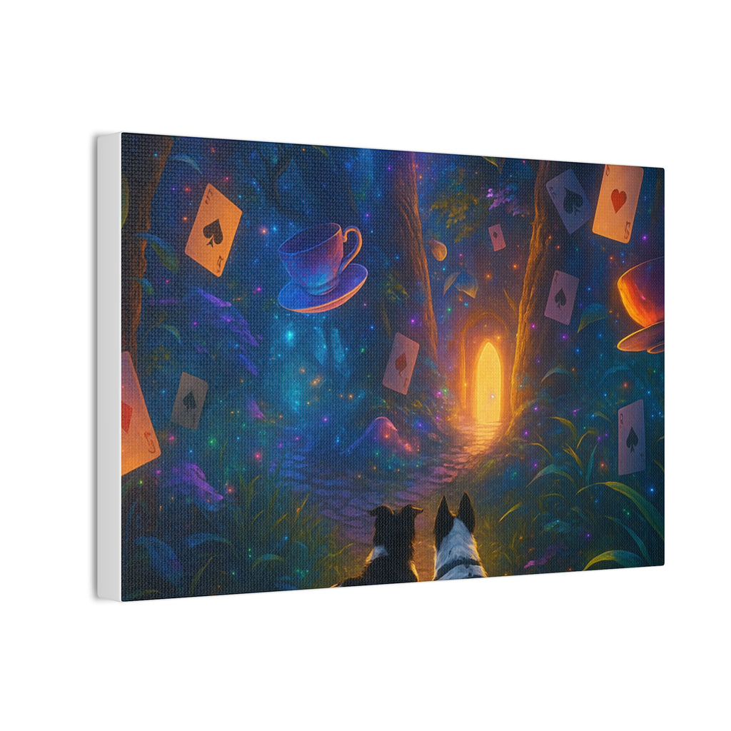 Magic Forest Canvas Wall Art — Dogs Exploring Wonderland with Glowing Door & Floating Playing Cards