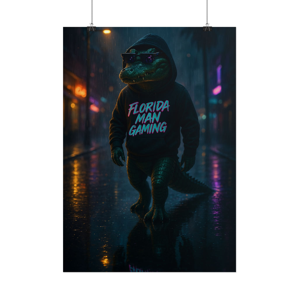 Rolled Posters - Florida Man Gaming Alligator Neon Cyberpunk Scene