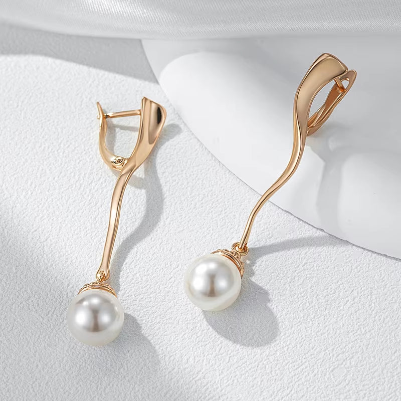Unique Geometric Glossy Long Pearl Drop Earrings for Women Luxury 585 Rose Gold Color Accessories Party Daily Fine Jewelry