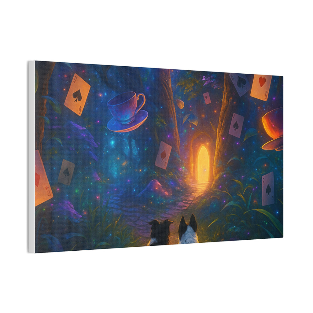 Magic Forest Canvas Wall Art — Dogs Exploring Wonderland with Glowing Door & Floating Playing Cards