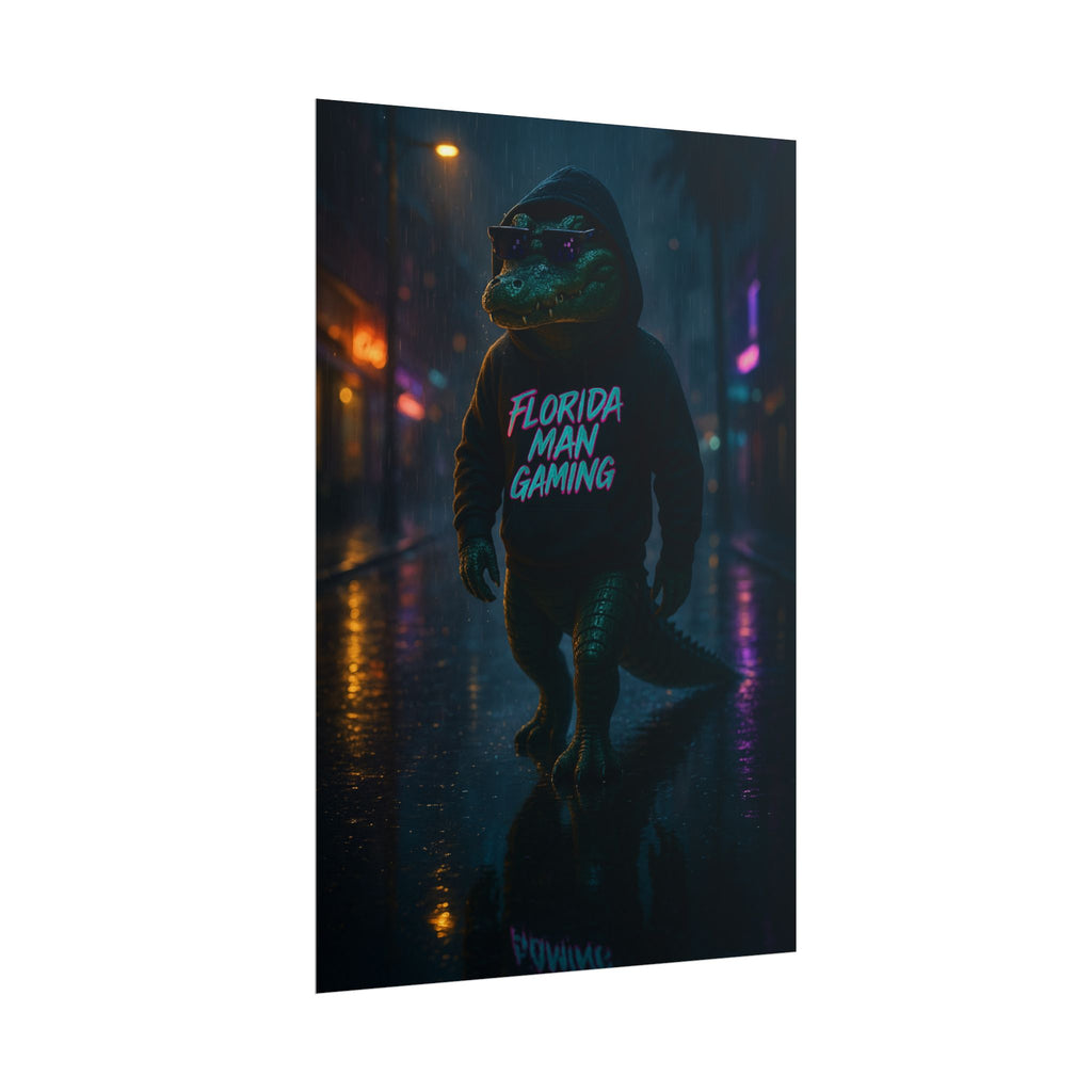 Rolled Posters - Florida Man Gaming Alligator Neon Cyberpunk Scene