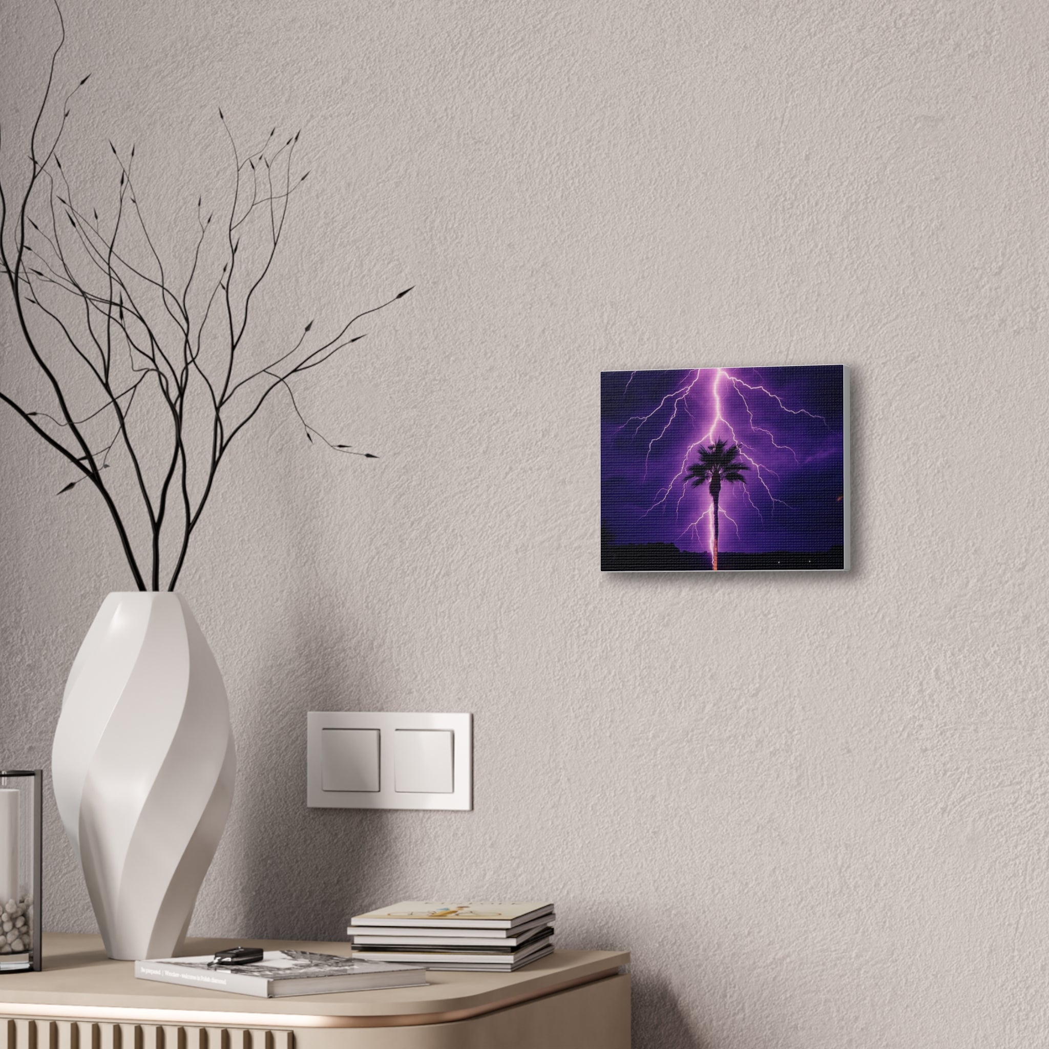 Purple Lightning Palm Tree Canvas Wall Art — Storm Photography Stretched Canvas