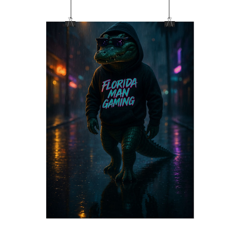Rolled Posters - Florida Man Gaming Alligator Neon Cyberpunk Scene