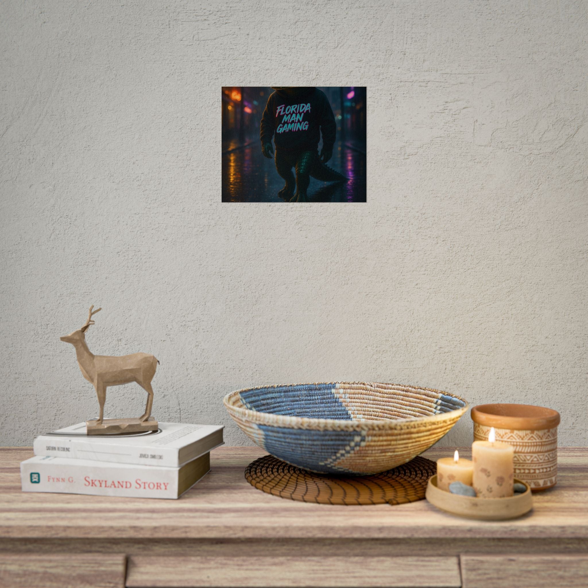 Rolled Posters - Florida Man Gaming Alligator Neon Cyberpunk Scene