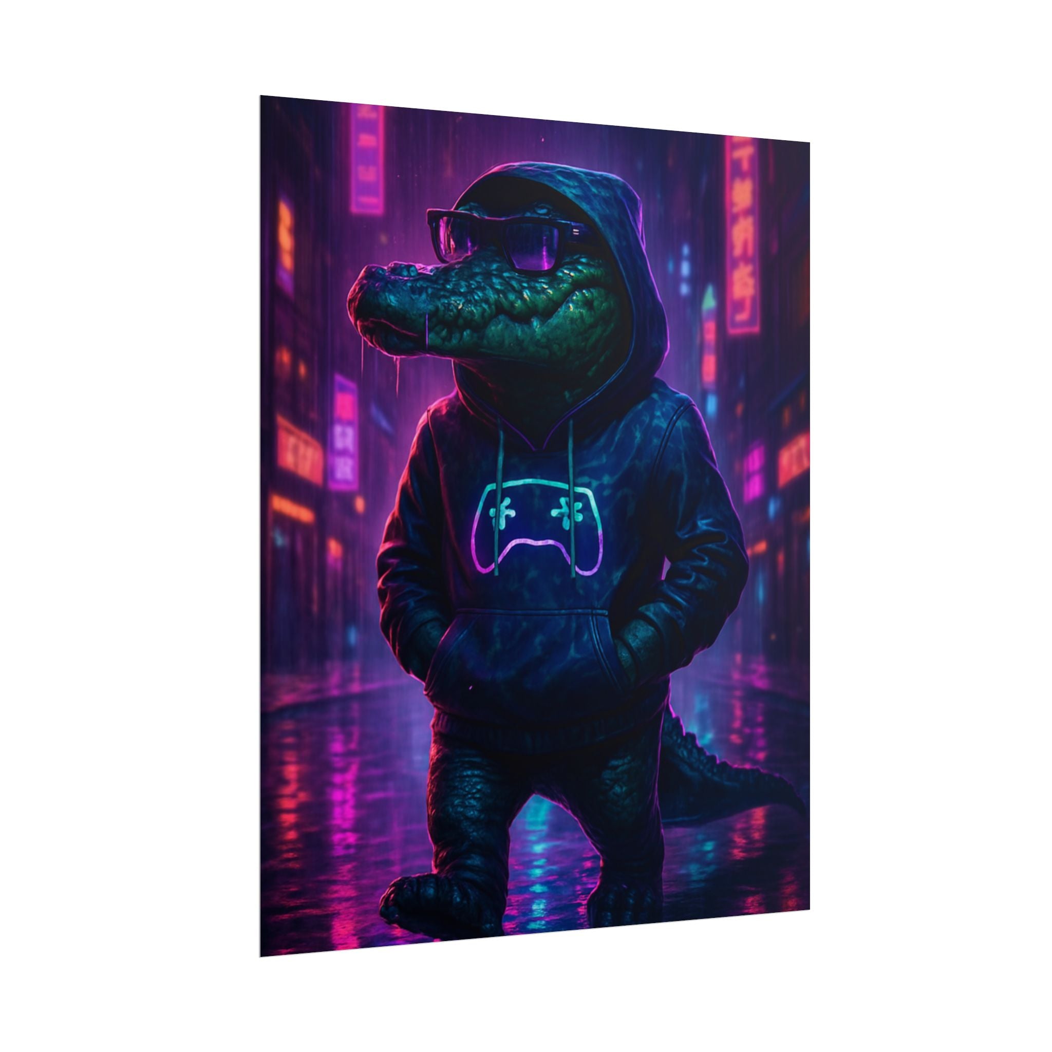 Rolled Posters - Florida Man Gaming Alligator Neon Gamer Hoodie Poster Print