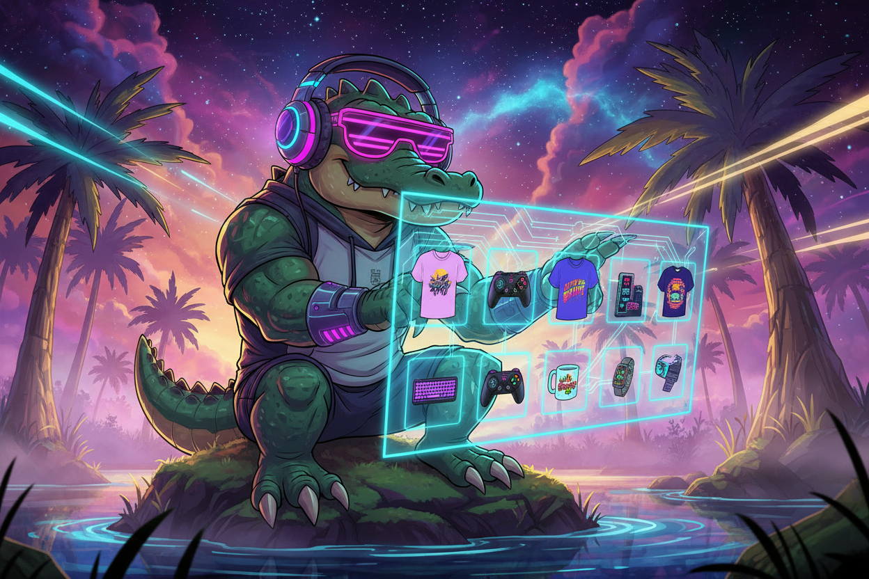 “A cartoon alligator mascot wearing neon sunglasses and gaming headphones in a cosmic Florida swamp. He’s swiping through a glowing holographic catalog projected in front of him, filled with floating 3D thumbnails of t-shirts, hoodies, gaming controllers, keyboards, mugs, and tech gear. The holograms emit teal, pink, and gold vaporwave light, reflecting across the swamp mist and his glasses. Futuristic digital art, cinematic lighting, detailed, humorous, and high-energy vaporwave style.”