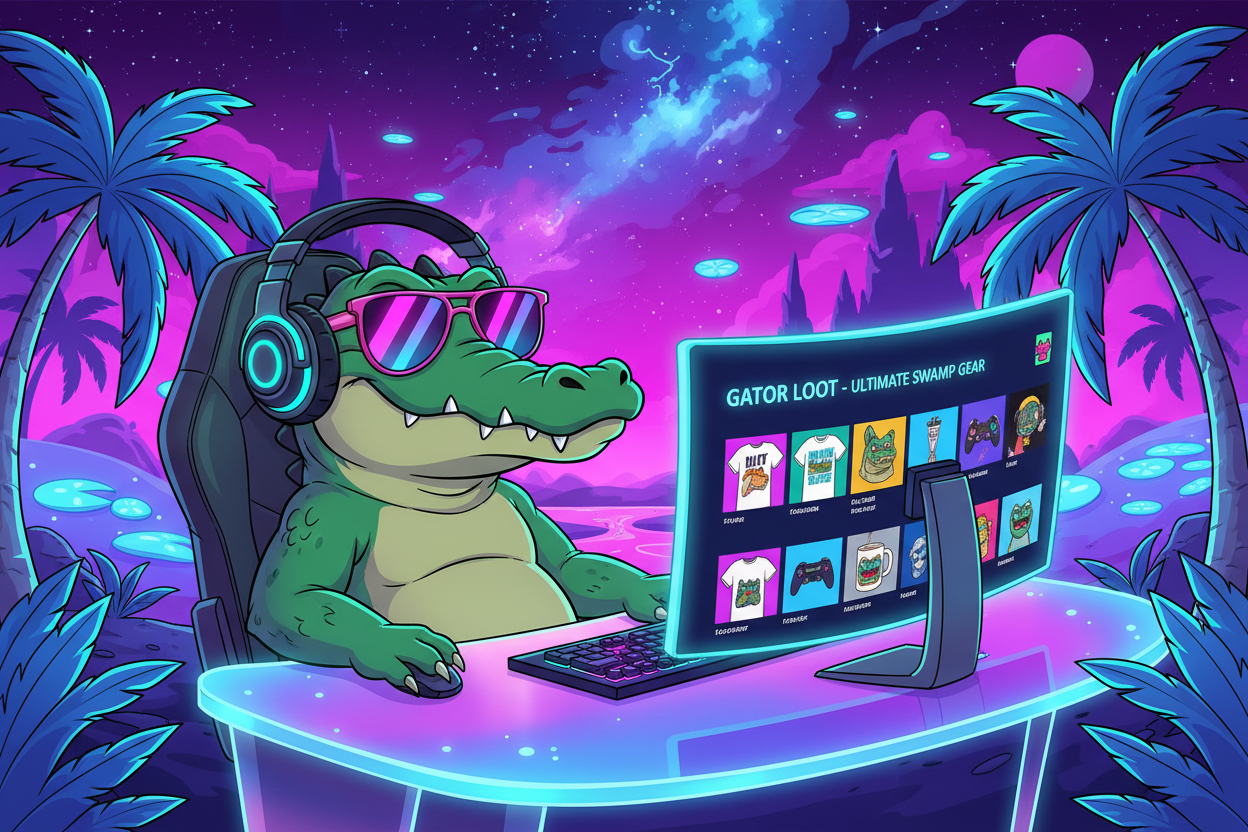 “A humorous cartoon alligator mascot wearing gaming headphones and sunglasses, sitting at a glowing computer desk surrounded by Florida palm trees and neon lights, browsing an online store full of t-shirts, gaming accessories, and tech gear. The monitor shows colorful product thumbnails like shirts, controllers, keyboards, and mugs. The scene is lit with vaporwave teal and pink tones, cosmic swamp atmosphere, sleek digital art style, cinematic lighting, vibrant and detailed composition.”