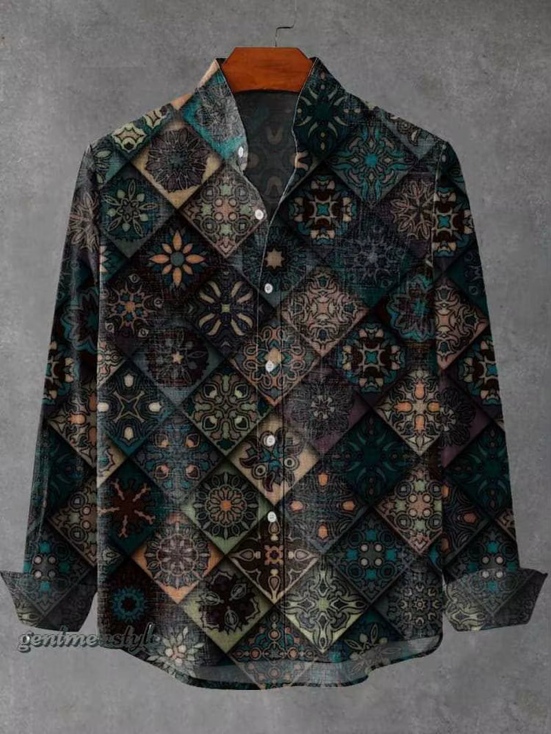 2025 Spring and Autumn Men'S Fashion Stand Collar Linen Long Sleeved Shirt Elegant Fragmented Pattern Printed Top