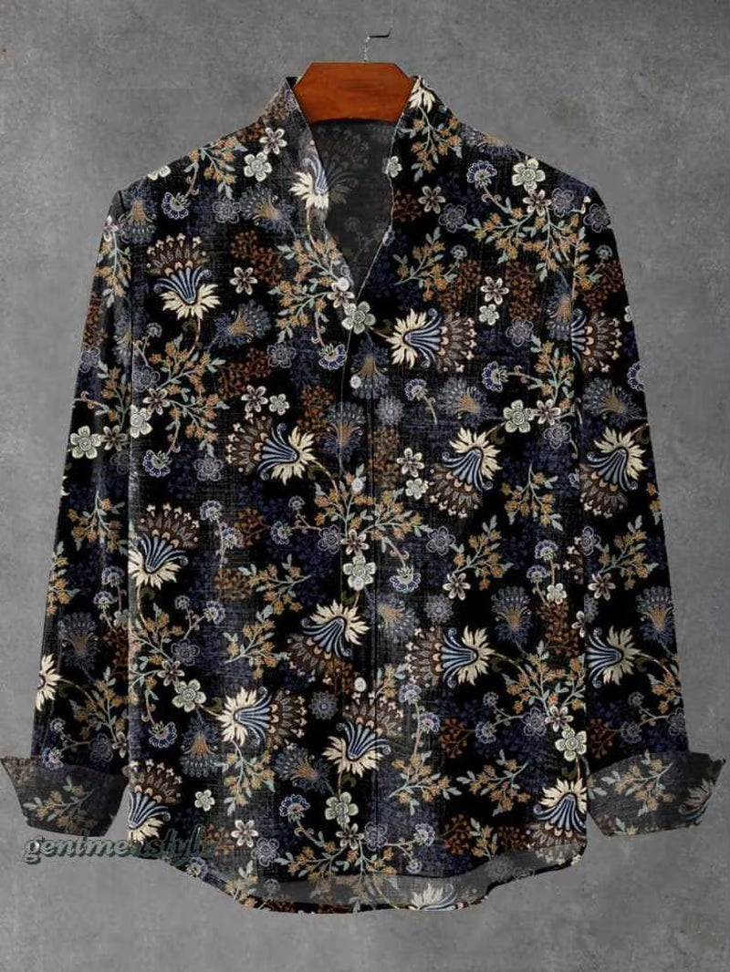 2025 Spring and Autumn Men'S Fashion Stand Collar Linen Long Sleeved Shirt Elegant Fragmented Pattern Printed Top