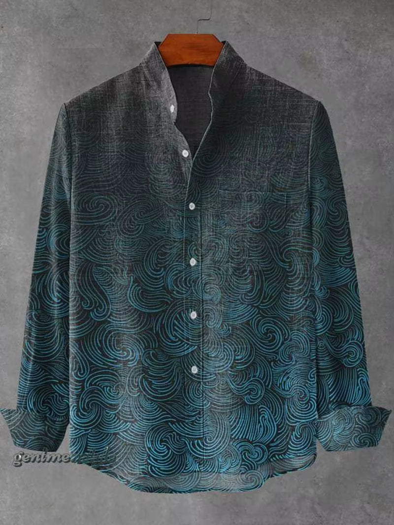 2025 Spring and Autumn Men'S Fashion Stand Collar Linen Long Sleeved Shirt Elegant Fragmented Pattern Printed Top