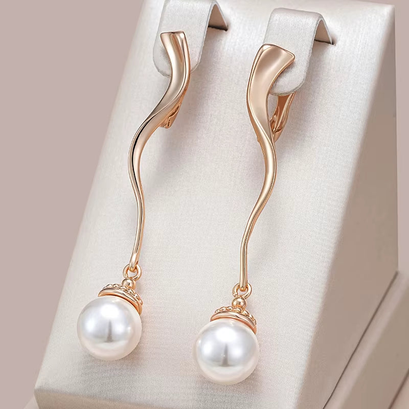 Unique Geometric Glossy Long Pearl Drop Earrings for Women Luxury 585 Rose Gold Color Accessories Party Daily Fine Jewelry