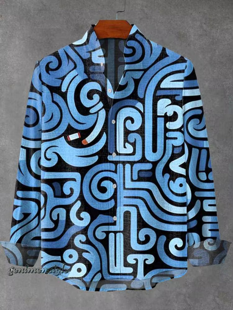 2025 Spring and Autumn Men'S Fashion Stand Collar Linen Long Sleeved Shirt Elegant Fragmented Pattern Printed Top