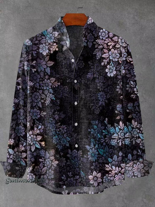 2025 Spring and Autumn Men'S Fashion Stand Collar Linen Long Sleeved Shirt Elegant Fragmented Pattern Printed Top