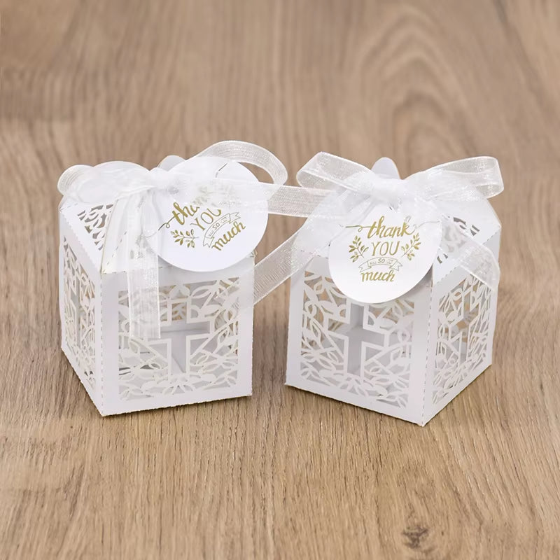 20/50Pcs Christening Favors Candy Box Gift Packaging Box with Thank You Tag Kids Birthday Party First Communion Baptism Supplies
