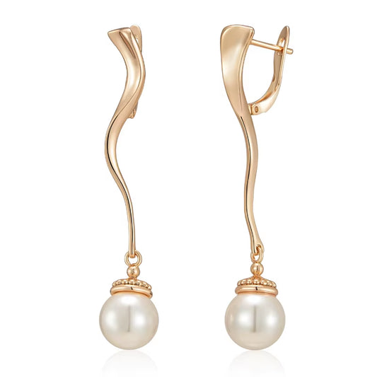Unique Geometric Glossy Long Pearl Drop Earrings for Women Luxury 585 Rose Gold Color Accessories Party Daily Fine Jewelry