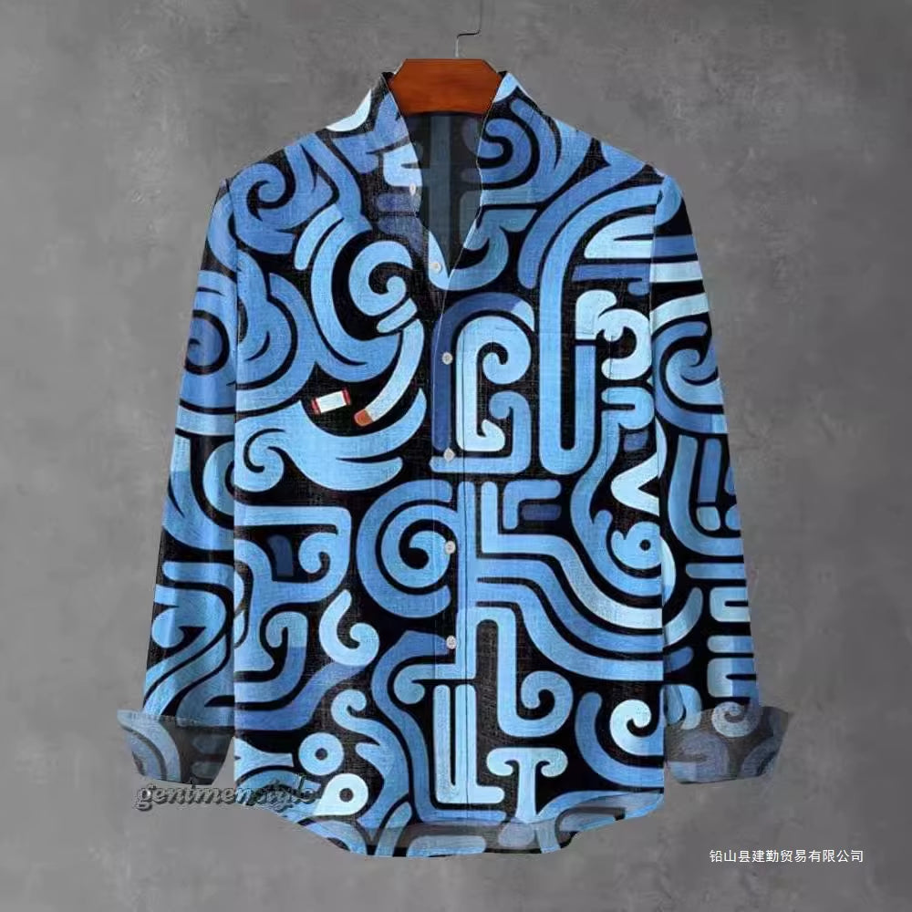 2025 Spring and Autumn Men'S Fashion Stand Collar Linen Long Sleeved Shirt Elegant Fragmented Pattern Printed Top