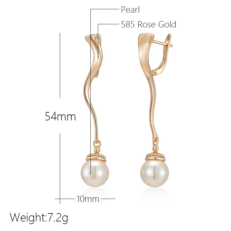 Unique Geometric Glossy Long Pearl Drop Earrings for Women Luxury 585 Rose Gold Color Accessories Party Daily Fine Jewelry