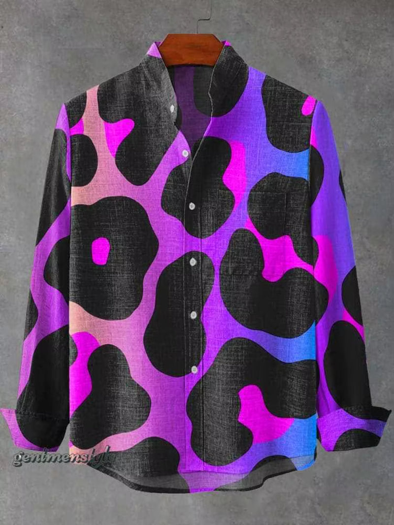 2025 Spring and Autumn Men'S Fashion Stand Collar Linen Long Sleeved Shirt Elegant Fragmented Pattern Printed Top