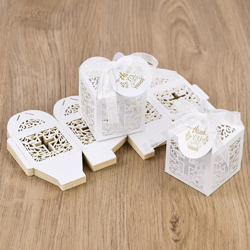 20/50Pcs Christening Favors Candy Box Gift Packaging Box with Thank You Tag Kids Birthday Party First Communion Baptism Supplies