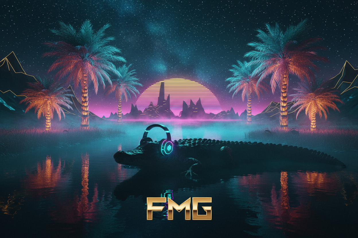 “Florida Man Gaming — a bold and humorous gaming lifestyle brand from Florida. A futuristic swamp at night under neon lights, vaporwave colors of teal, pink, and gold. Mist over water, glowing palm trees, an alligator silhouette wearing gaming headphones, pixel-style horizon grid, and metallic gold ‘FMG’ logo reflection in the water — cinematic lighting, high-contrast cosmic-swamp atmosphere.”